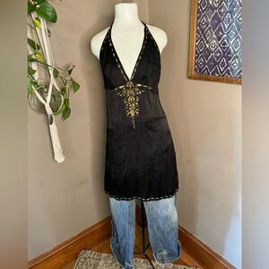 Lotta Stensson Black Silk Embroidered Silk Halter Dress Sz 4‎